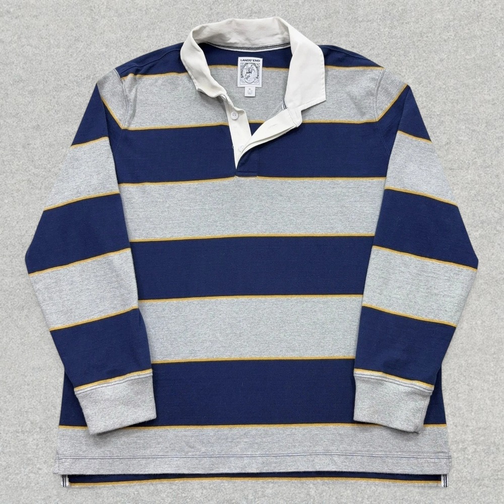 Lands' End Rugby Shirt Mens XL Gray Navy Blue Striped Long Sleeve Cotton Jersey